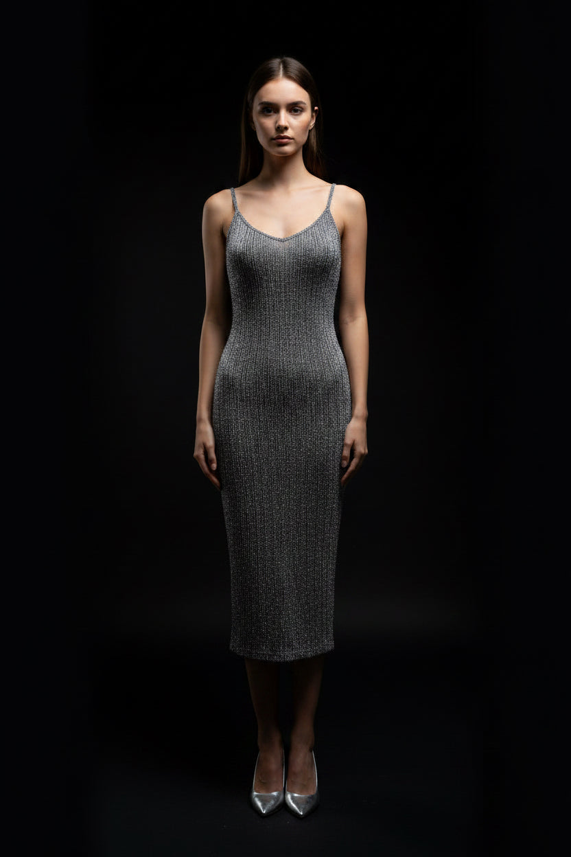 CELESTIAL SHIMMER RIBBED DRESS- SILVER EDITION