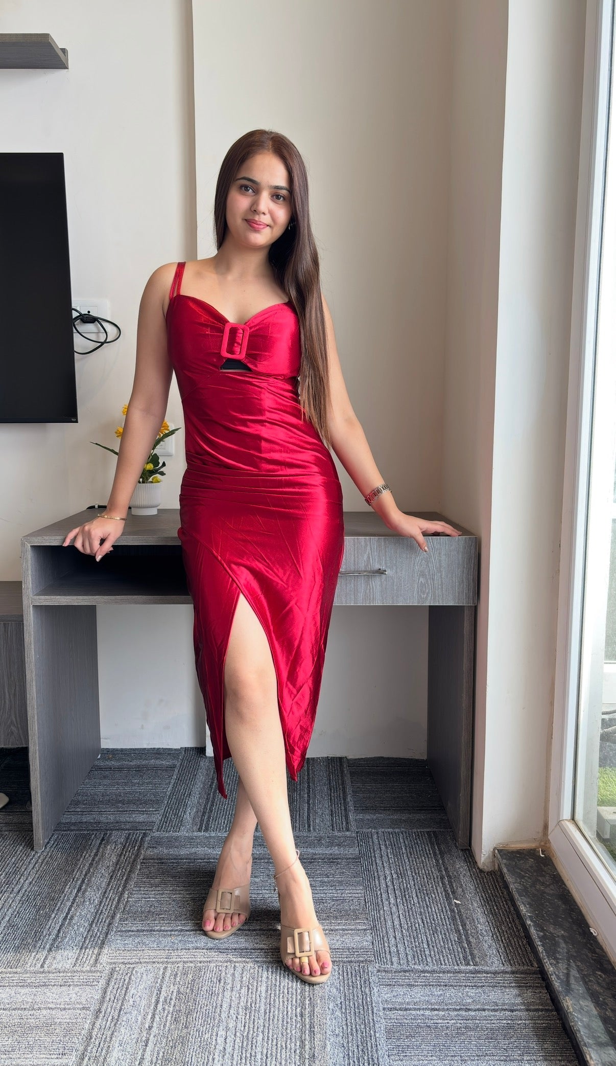 THE RUBY RADIANCE RUCHED KNEE- LENGTH DRESS