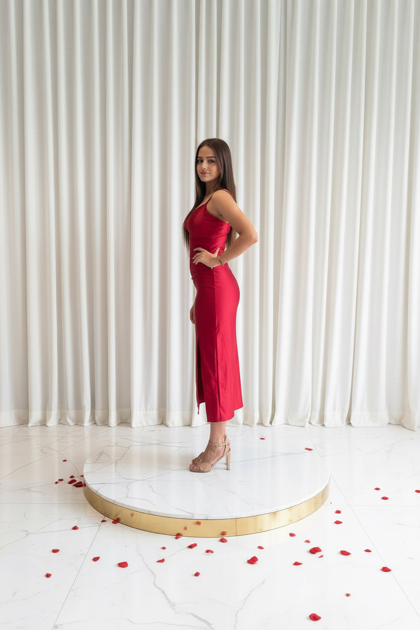 THE RUBY RADIANCE RUCHED KNEE- LENGTH DRESS