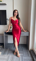 THE RUBY RADIANCE RUCHED KNEE- LENGTH DRESS